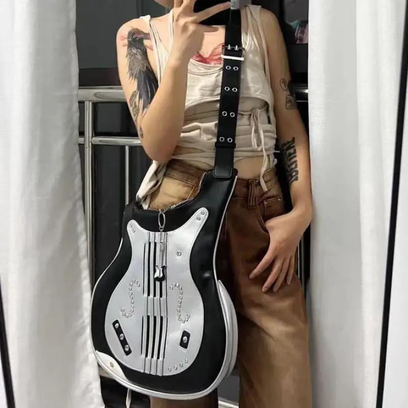 Original Black And White Retro Irregular Rivet Studded Diamond Guitar Shaped Color Matching Women Crossbody Bag Rock Hip-hop Bag