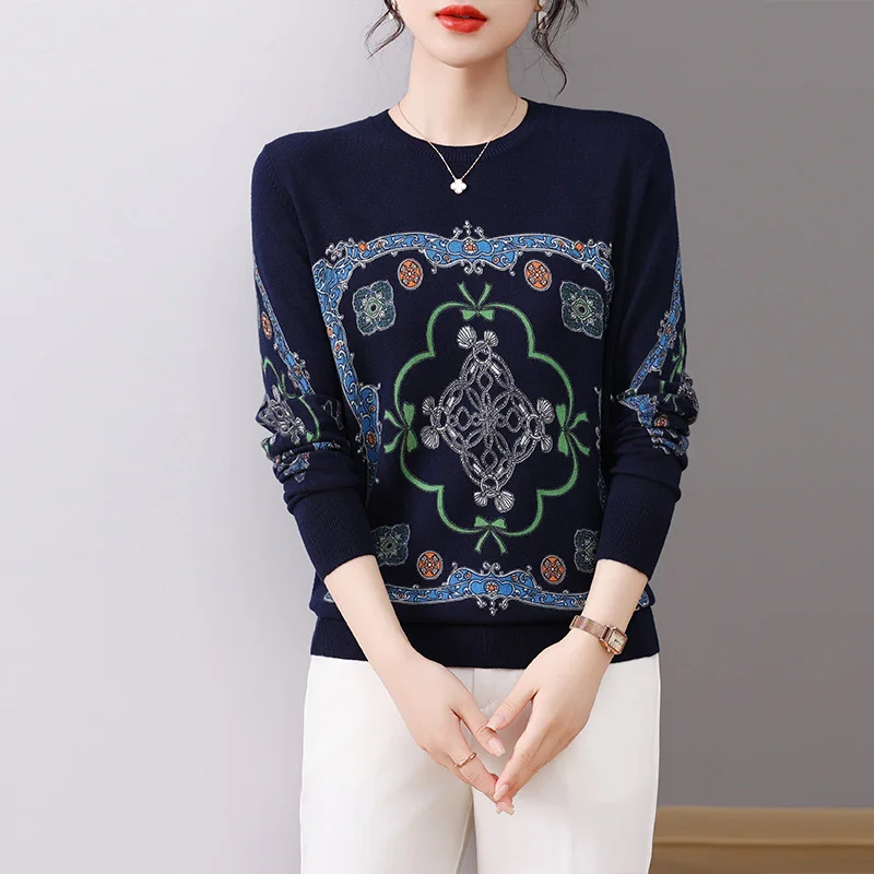 

Geometry Print Women's Sweaters Spring Autumn Women's Fashion Pullovers Long Sleeve Blusas Soft O Neck Knitted Clothes For Women