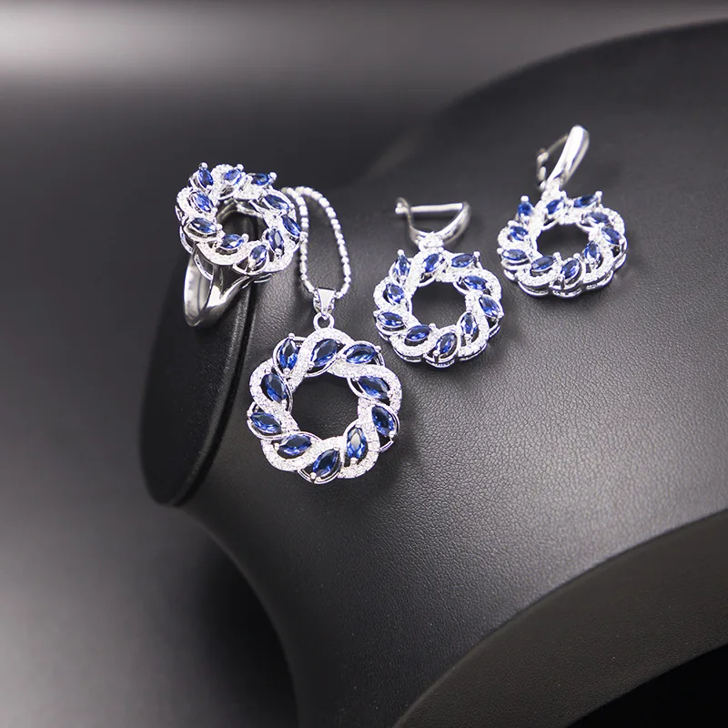 Синий камень круг серебро 925 бижутерия для женщин серьги-капли ожерелье комплект