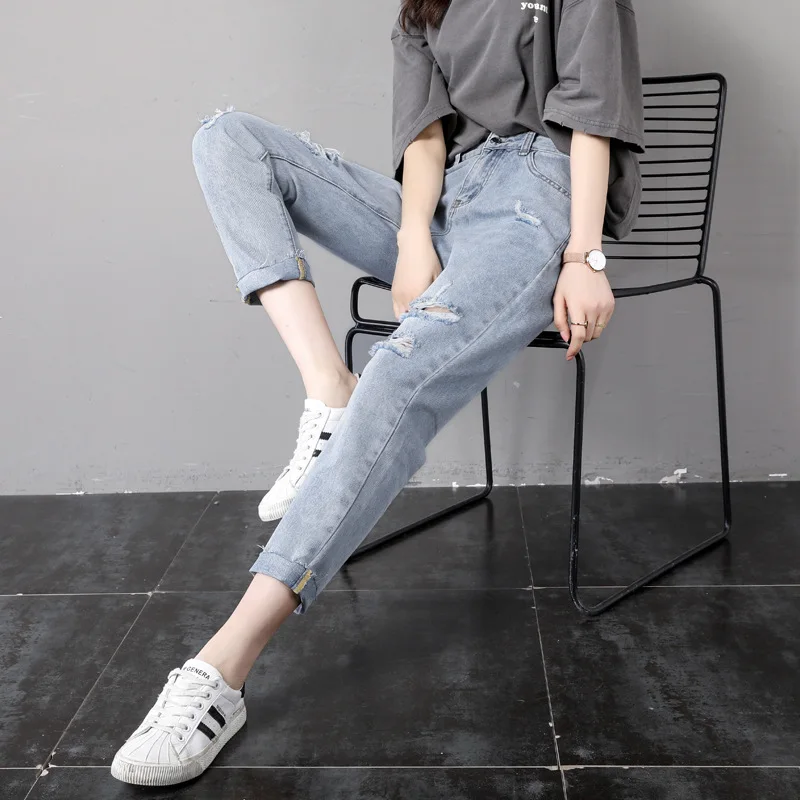 Broken Nine Point Jeans for Women Loose Fitting Summer Thin High Waisted Straight Casual Pants