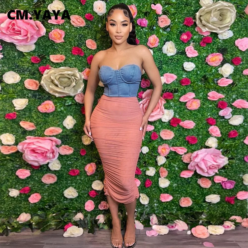 Женское джинсовое платье-миди без бретелек с высокой талией