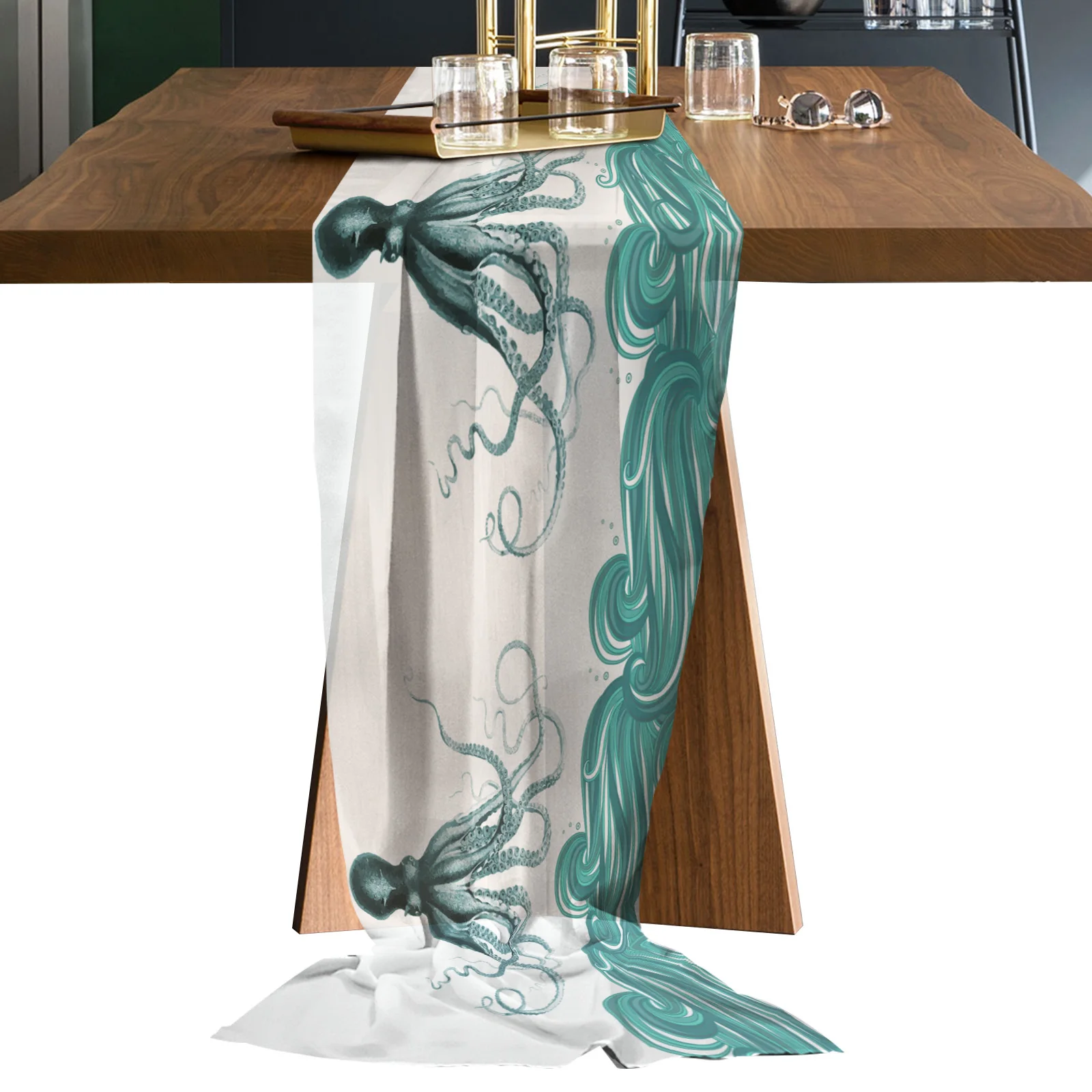 

Морская марлевая дорожка для стола Ocean Octopus, Свадебный декор, шифоновая скатерть для стола с принтом для кухни