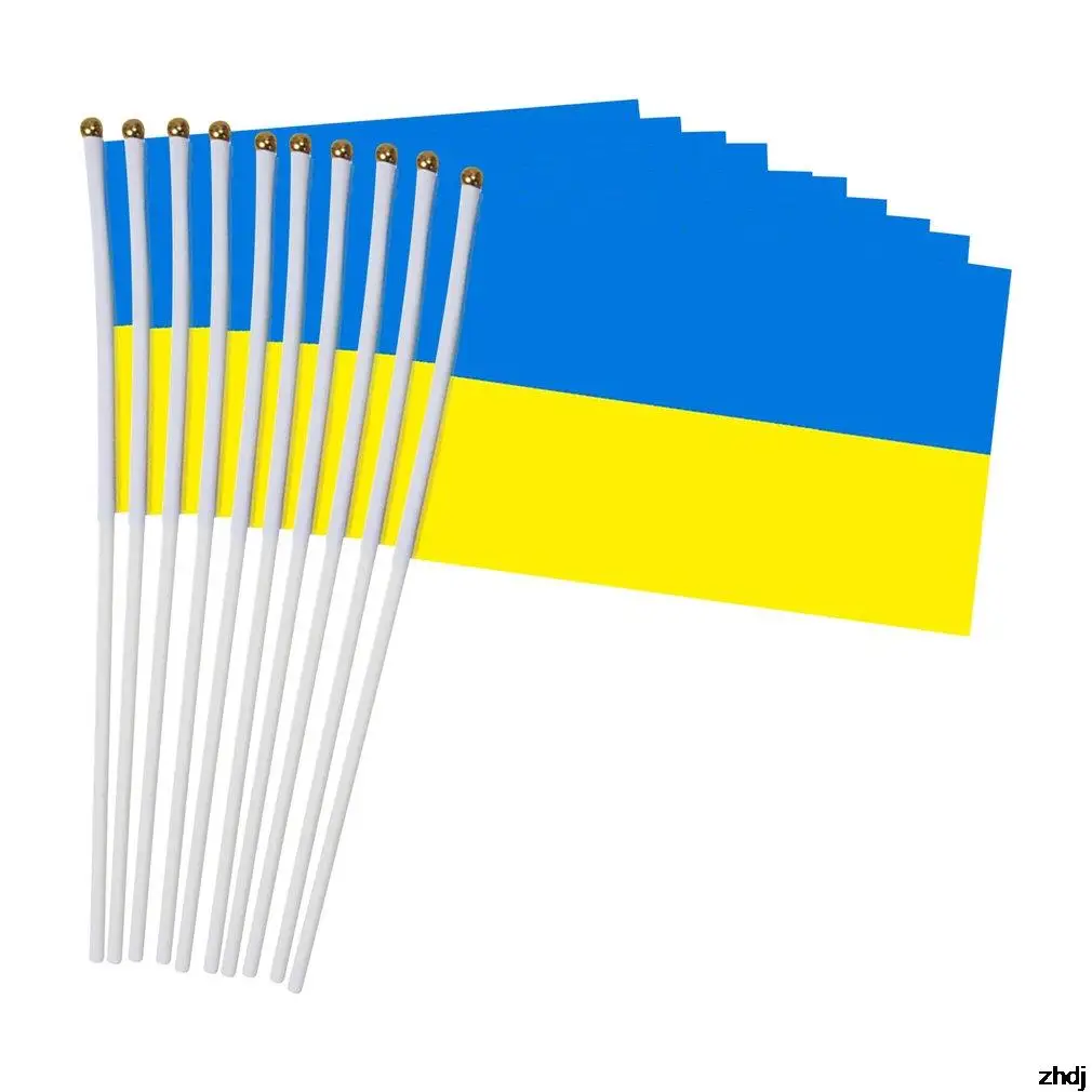 

10pcs 14*21cm Flags Ukrainian Patriot National Flag Ukraine Flying Flag Banner With Plastic Flagpoles Hand Waving Flags