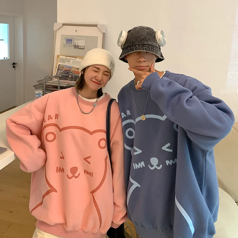 

Fashion Cartoon Bear Couple Clothing Sweatshirts Harajuku Design Personalized Pullovers New Autumn Winter Loose O-Neck Warm Tops