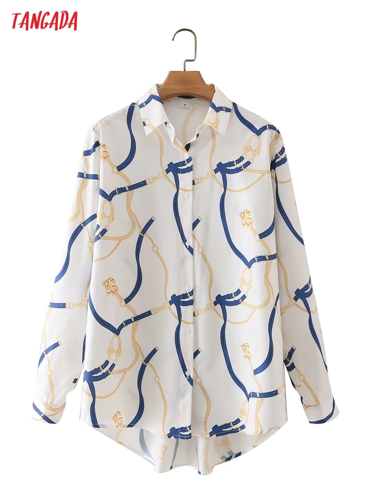 Tangada 2021 Autumn Women Loose Chain Print Blouse Long Sleeve Chic Female Office Lady Shirt Tops 4T107