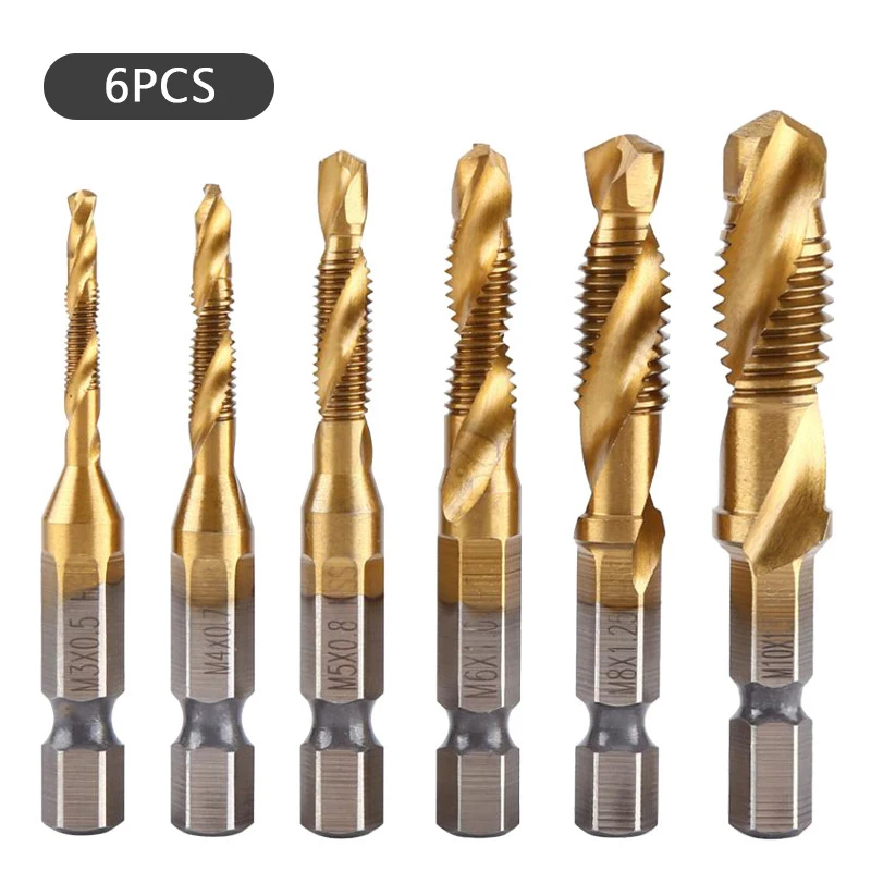 M3-M10 Screw Tap Drill Bits HSS Taps Woodworking Metric  6PCS Set  Bit  High Speed Steel Titanium 1/4