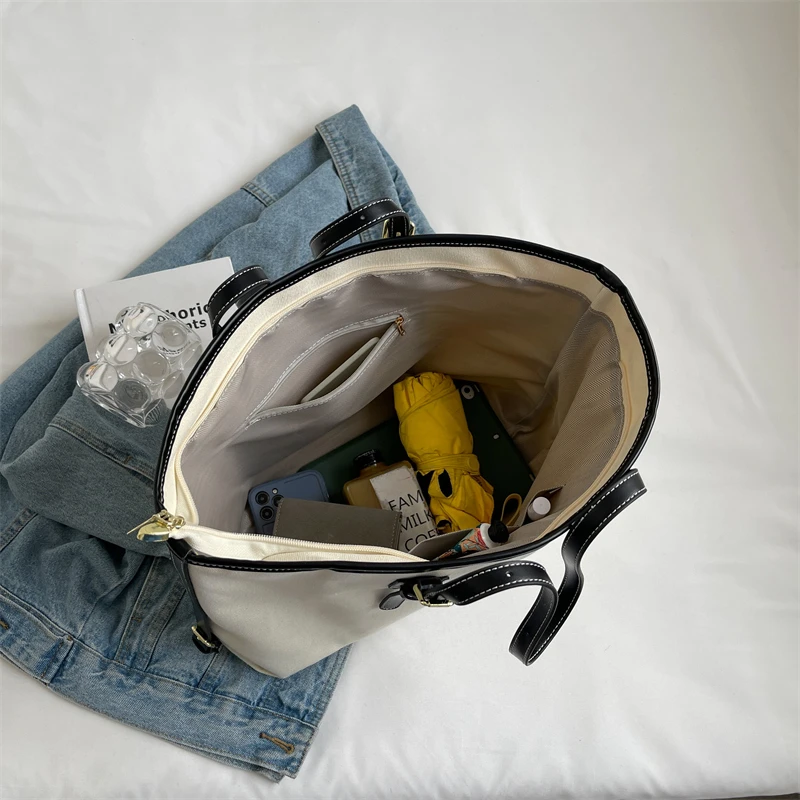 Solid White Canvas Totes For Women Large Capacity Shoulder Bags Classic Elegant Cotton Casual Bags Cute Soft Winter Packages