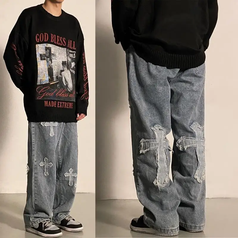 High Street Cross Patch Hip Hop Mens Jeans Trendy Brand Rascal Street Straight Tube Loose Wide Leg Long Denim Pants for Men