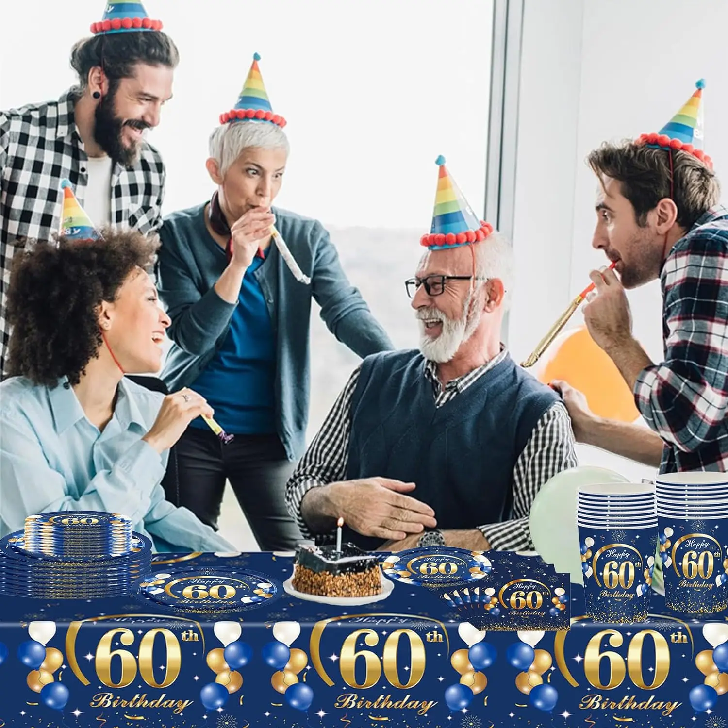 Темно-синее золото украшения на день рождения 60-го числа скатерть бумажные