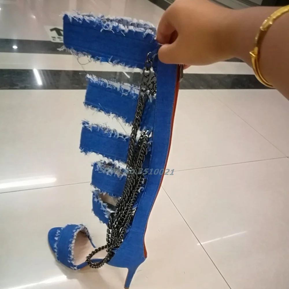 Denim Chained Strappy Knee High Boots Open Toe Stiletto High Heels Back Zipper Sexy Hollow Cutout Nightclub European Style New