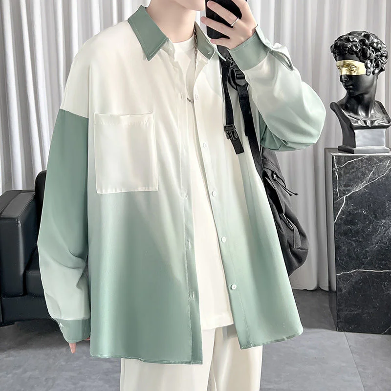 

HybSkr Gradient Color Long Sleeve Men's Shirt Autumn New Casual Male Blouses Streetwear Turn-down Collar All-match Tops Tops