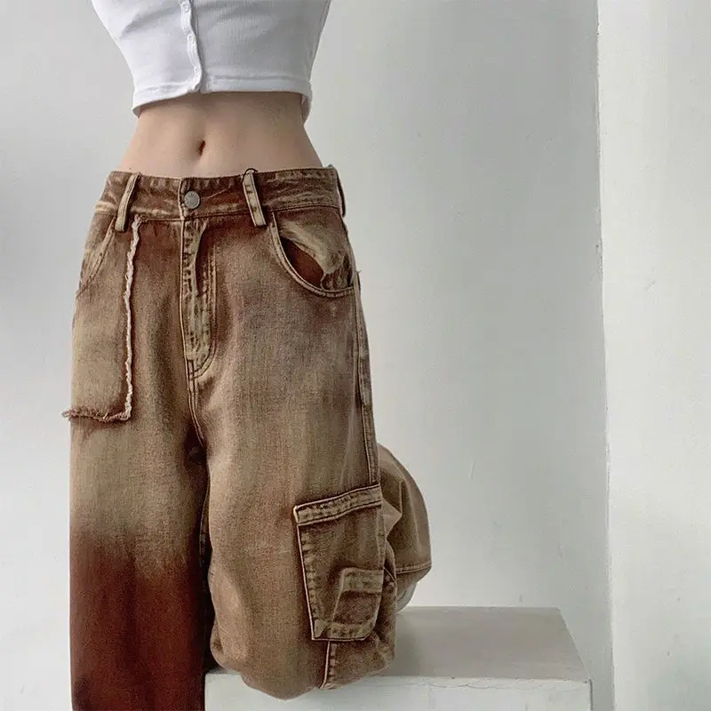 womens loose High waist brown tooling jeans 2021 winter fashion Y2K straight leg denim trousers retro loose high waist  jeans