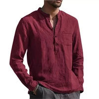 summer solid color stand up collar casual beach style plus size 100 cotton linen hot sale mens long sleeved shirts