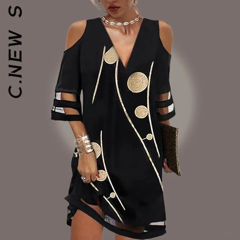 

C.New S New Dress Women Short Dress V Neck Short Sleeve Lace Mesh Patchwork Korean Women's Dress Soft Vintage Vestidos Female