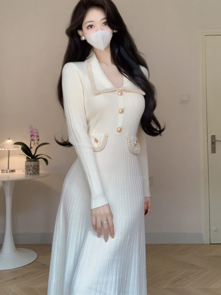 Новинка 2024 Осенние шикарные вязаные платья для женщин однотонное облегающее