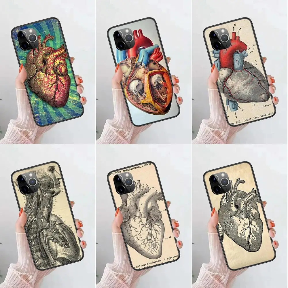 

For Huawei P50 P40 P30 Lite P Smart Z 2019 2020 2021 Black Etui Silicone Back Vintage Medical Anatomical Heart Diagram Pretty