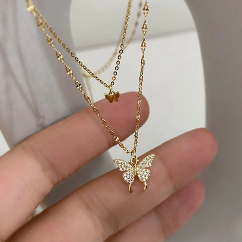 Модное ожерелье для женщин, ожерелье с бабочкой, блестящая Двойная Цепочка, подвеска до ключиц, Подарок на годовщину, ювелирные изделия, ожерелья для женщин 15