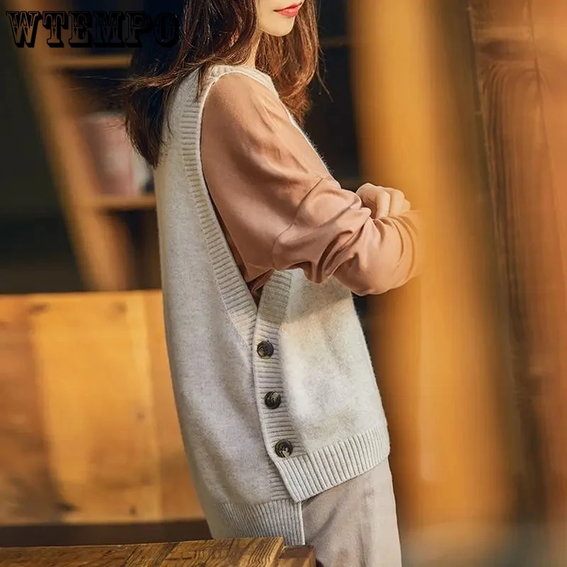

WTEMPO Spring Fall Sleeveless Sweater Vest Women Korean Versatile Loose O-Neck Knitted Vests Fashion New Casual Button Knitwear