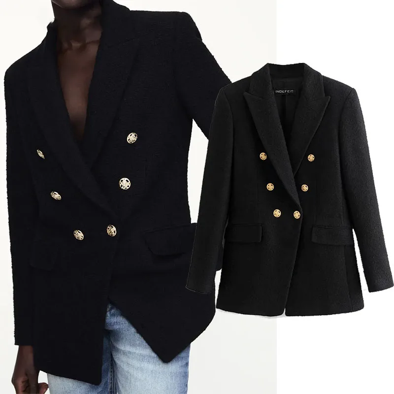 

Za Blazer Women 2022 Fashion Metal Double Breasted Woollen Blazers Coat Vintage Long Sleeve Female Outerwear Chic Tops