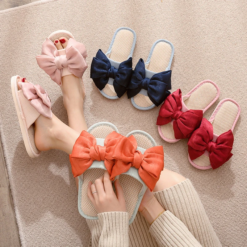 Shevalues Bow Slippers Women Fashion Autumn Home Soft Bottom Linen Slippers Indoor Outdoor Non-slip Flats New Comfortable Slides