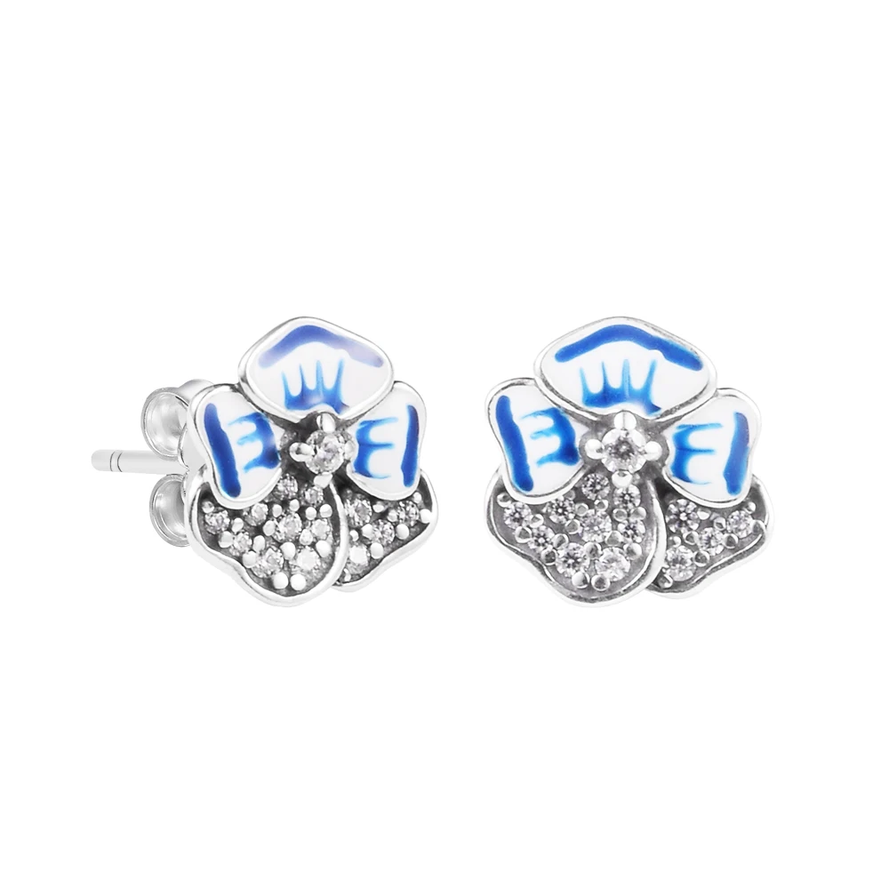 

Blue Pansy Flower Stud Earrings for Women 925 Sterling Silver Earrings Jewelry Pink Flower Crystal Jewellery Women Earrings
