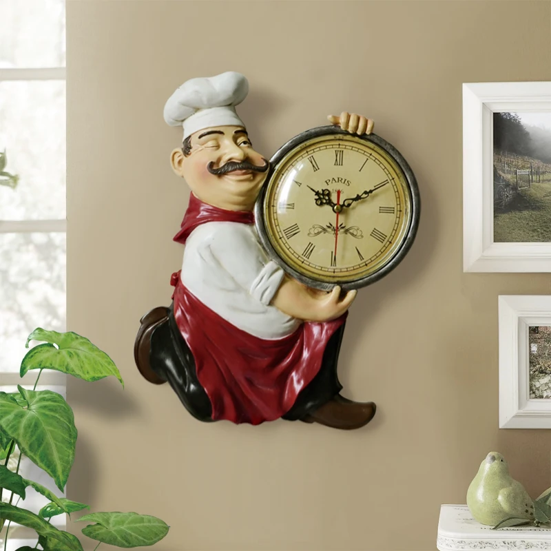 

Vintage Wandklok Home Decoratie Hars Chef Standbeeld Horloge Mute Quartz Klok Voor Woonkamer Keuken Muur Decor Opknoping Klok