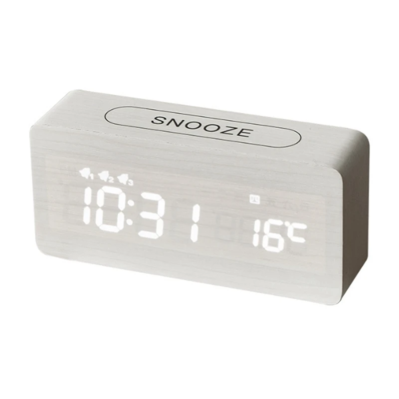 

Alarm Clock LED Digital Wooden USB/AAA Powered Strap Temperature Humidity Voice Control Snooze Electronic Desk Clock