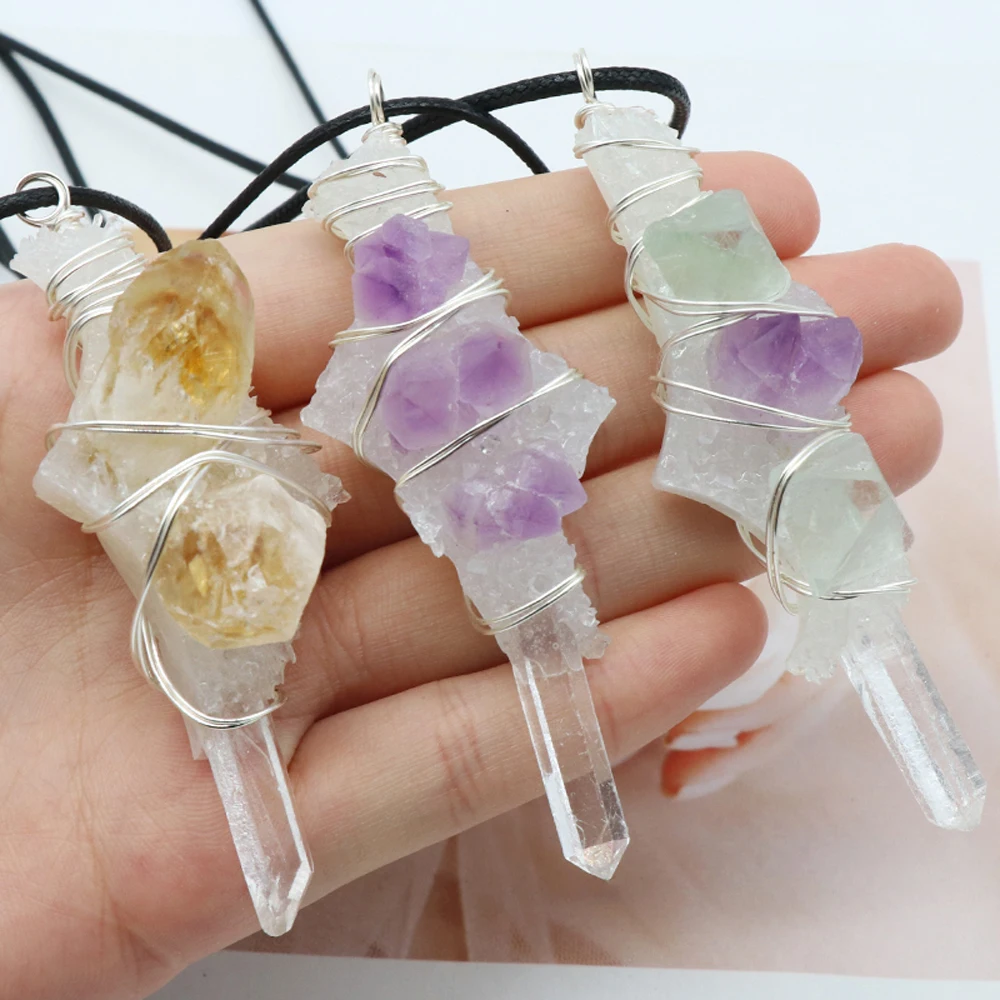 

Real Natural Stone Crystal Pendent Raw Stone Pillar Resin Winding Fluorite Citrine Pendant Necklace Amethyst Jewelry Necklace