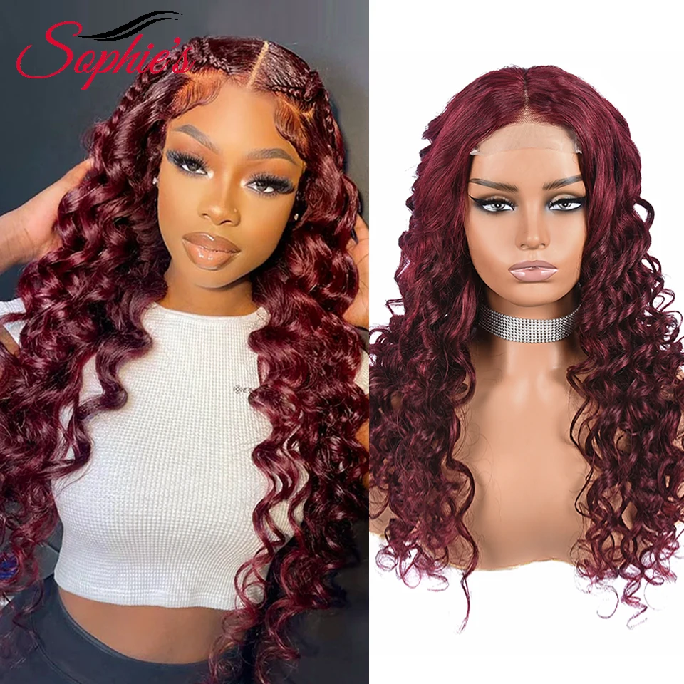 Sophies 4*4 Lace Closure Human Hair Wigs 99J Color 180% Density Loose Wave Wigs For Women Brazilian Hair Remy Hair 14-28 Inches