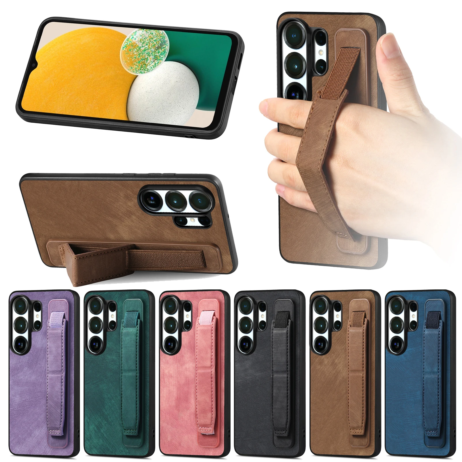 Фото Винтажный кожаный чехол для телефона с деловым браслетом для Samsung S25 Ultra S24 Plus S23 S22 A16 A26 A36 A56 A06 A17 A07 Skin Cover №2