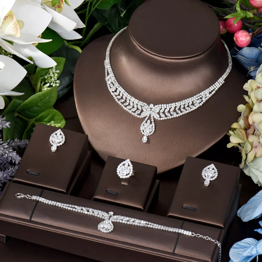 

HIBRIDE Elegant Wedding Jewelry Set Cubic Zirconia Pave Water Drop Heavy Dinner Bridal Necklace CZ Dancing Accessories N-1549