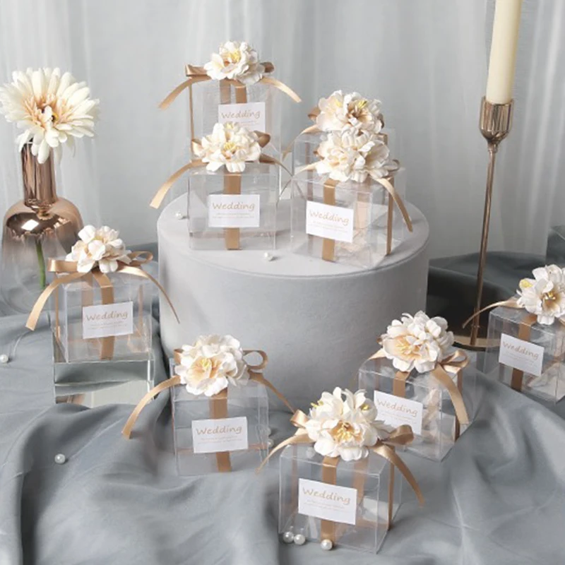 

PVC Candy Boxes Transparent Packaging Square Souvenirs Artificial Flower Ribbon Gifts For Wedding Birthday Party 10/20/30/50pcs