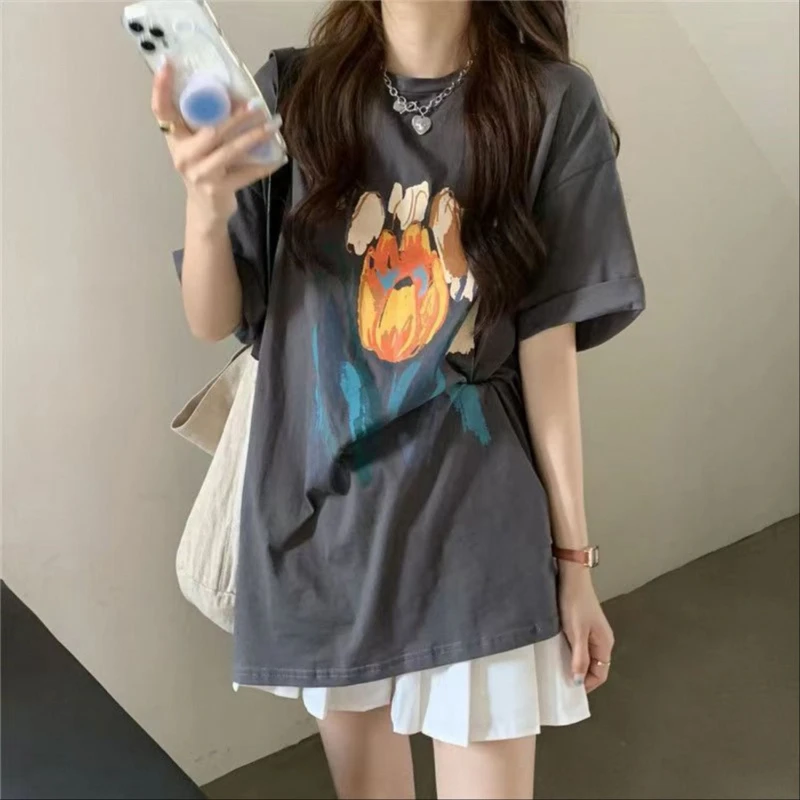 

Summer New Women T-shirt American Vintage Large Loose Mid Length Y2k Tops Printed Short-sleeved Versatile T-shirt Female