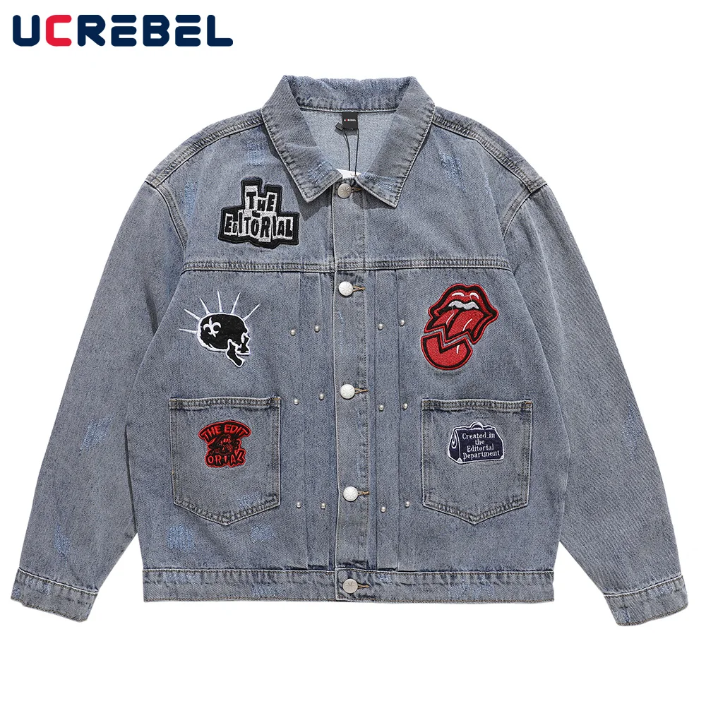 Letter Embroidery Denim Jacket Mens Autumn Winter Lapel Loose Jean Jacket Retro Single Breasted Cardigan Casual Outerwear