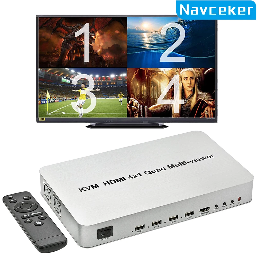 KVM HDMI-compatible Multiviewer 4x1 1080P Quad Screen Multi Viewer HDMI Multi-Viewer Splitter Seamless Switcher with IR for PC