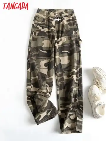 Tangada 2023 Women Camouflage Jeans Long Pants Trousers Buttons Female Denim Pants 7B42