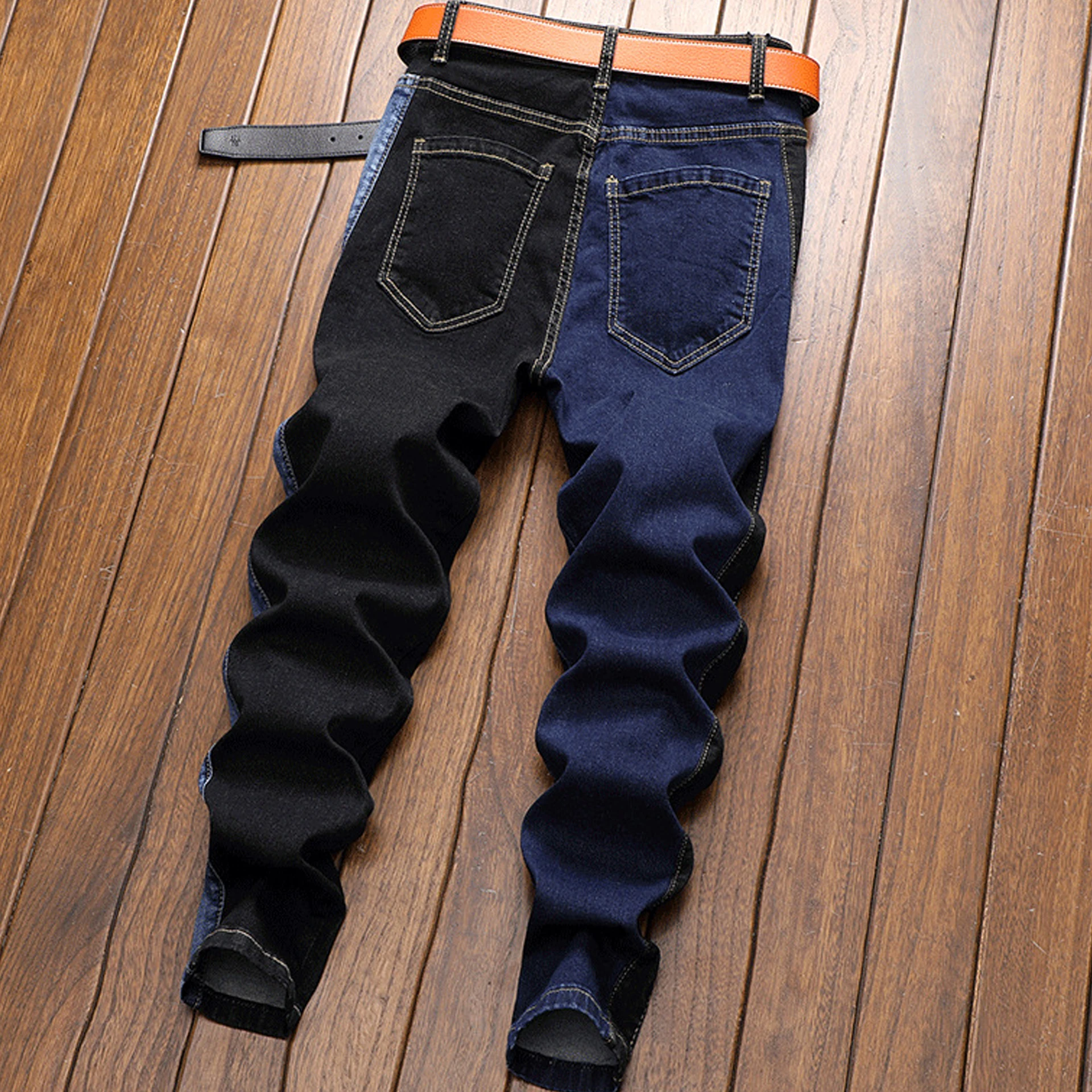 New Men Pants Slim Stretch Small Feet Jeans Personalized Black + Blue Color Matching High-Quality Jeans Daily Casual Sports Wear