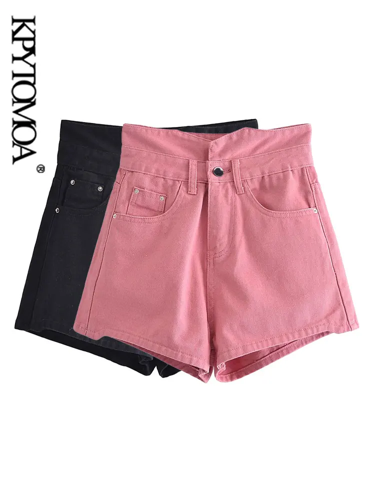 

KPYTOMOA Women Fashion With Pockets Denim Shorts Vintage High Waist Zipper Fly Female Short Pans Mujer