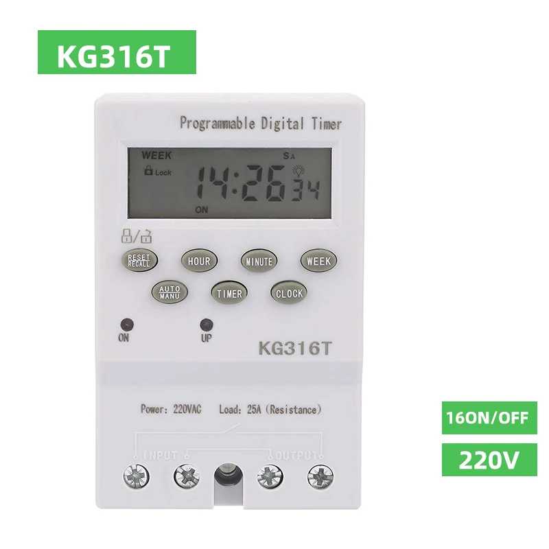 

Microcomputer Time Control Switch KG316T 220V 25A Programmable Automatic Digital Timer Switch Timing Control Range 1Min - 168H