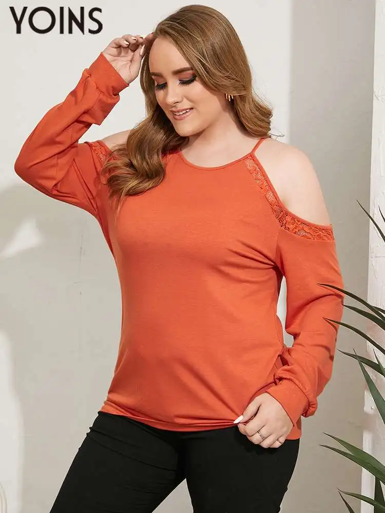 

YOINS Sexy Cold Shoulder Shirts Blouses 2023 Autumn Tunic Tops Plus Size Lace Long Sleeve O Neck Ladies Party Blusas Femininas