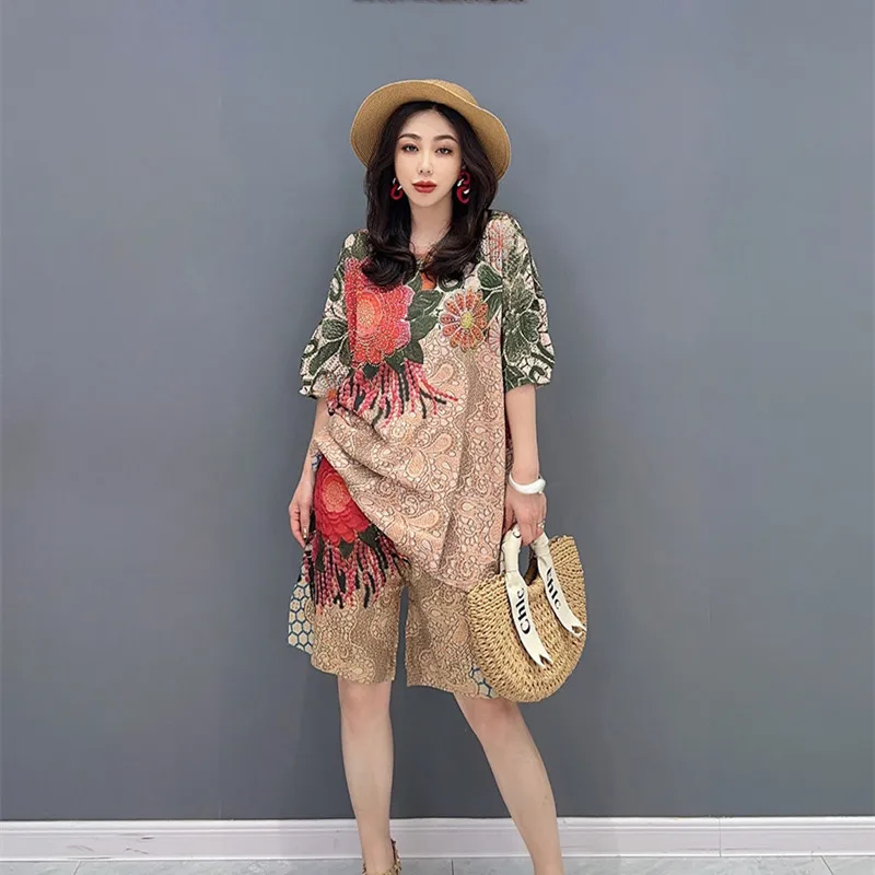 

Женский летний комплект из 2 предметов, свободная футболка с цветочным принтом и прямые брюки с эластичным поясом