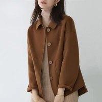 autumn trendy brown wool coats women korean ol basic short jackets female casual solid color turndown high quality coat overcoat