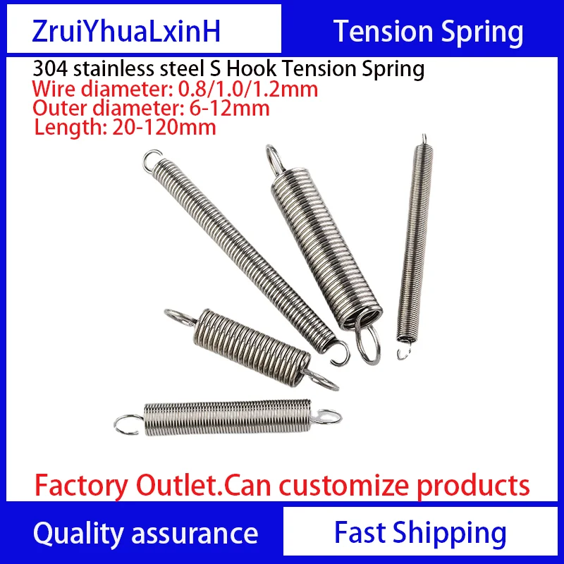 

304 Stainless Steel S Hook Tension Cylindroid Helical Coil Pullback Extension Tension Spring Wire Diameter 0.8mm 1.0mm 1.2mm