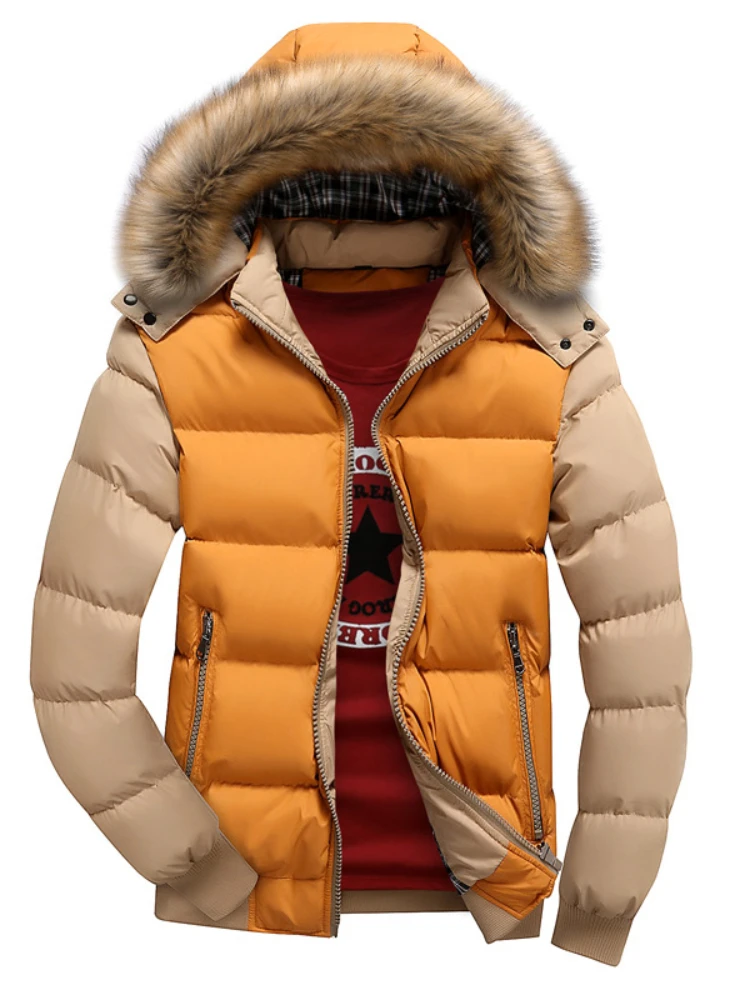 2022 Winter Casual Detachable Collar Zipper Pocket Fit Solid Brown Thickened Youth Zipper Coat