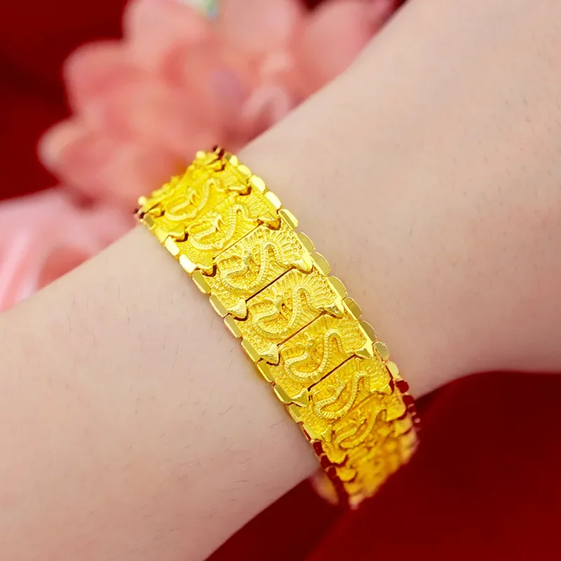 Мужской широкий золотистый браслет Ширина 20 мм 24 К с желтым драконом