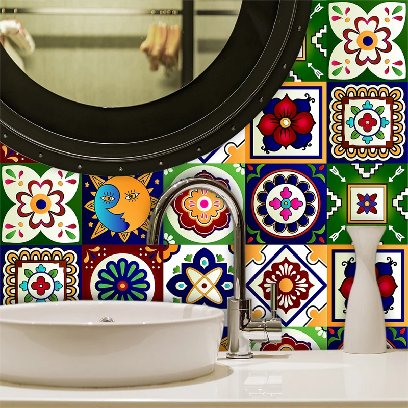 

10pcs Moroccan Style Art Tile Wall Stickers PVC Waterproof Self Adhesive Bathroom Wardrobe Kitchen Home Decoration DIY Decals