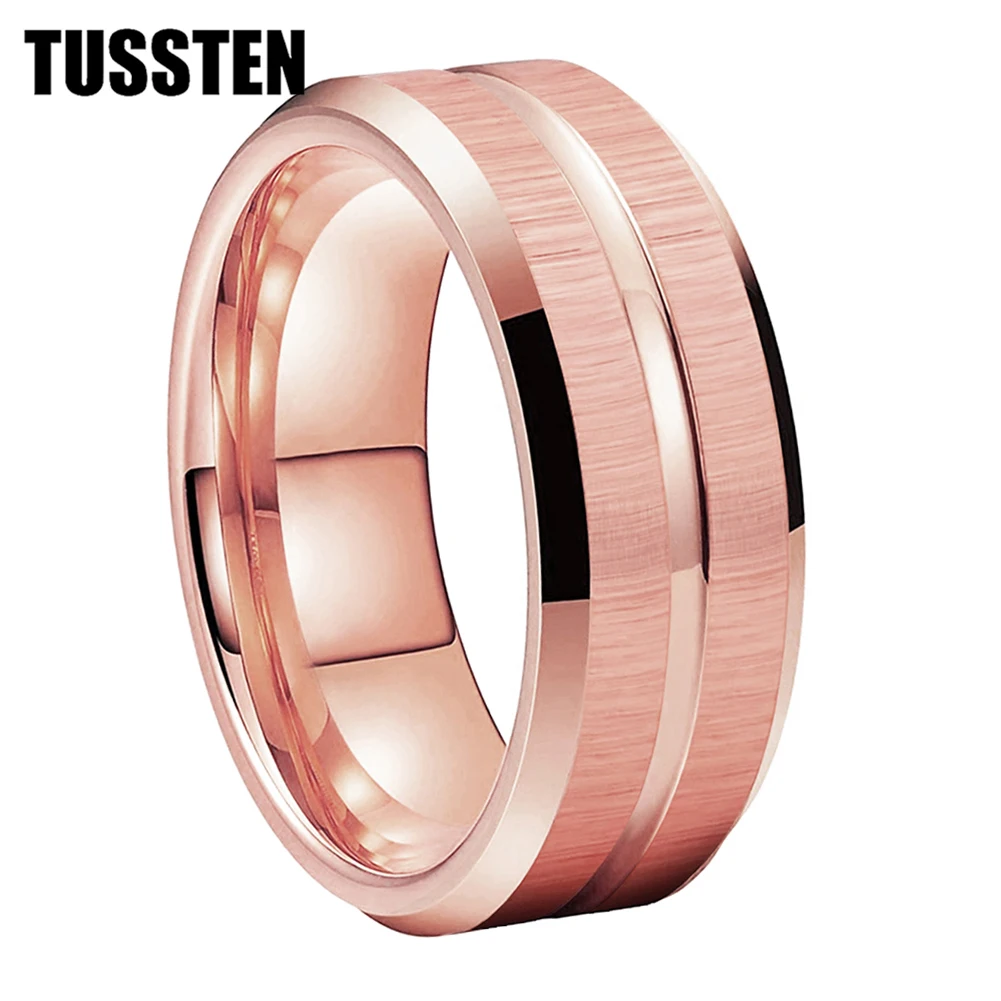 

Dropshipping TUSSTEN 6MM/8MM Rose Gold Tungsten Ring Women Men Valentine's Day Nice Gift Jewelry Grooved Brushed Beveled Finish