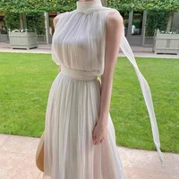 women 2022 spring autumn korean style gentle elegant long skirt high collar sleeveless bandage white sexy fashion evening dress
