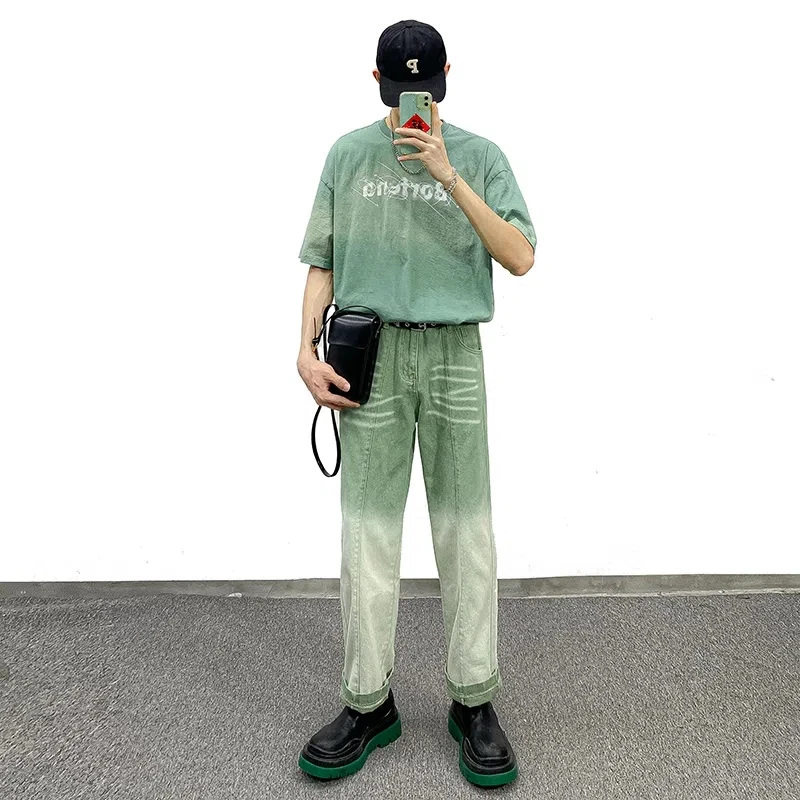 New Men'S Jeans Ins Street Tie-Dye Gradient Green Straight Loose Jeans Men'S And Women'S Casual Trousers Hot Sale Men Clothing