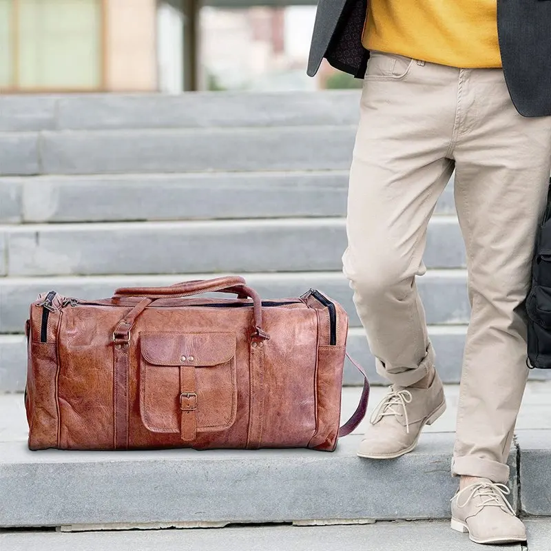 Leather duffel bag large 24 Inch Square Duffel Travel Gym Sports Overnight Weekender Leather Bag for men and women by Komal's Pa